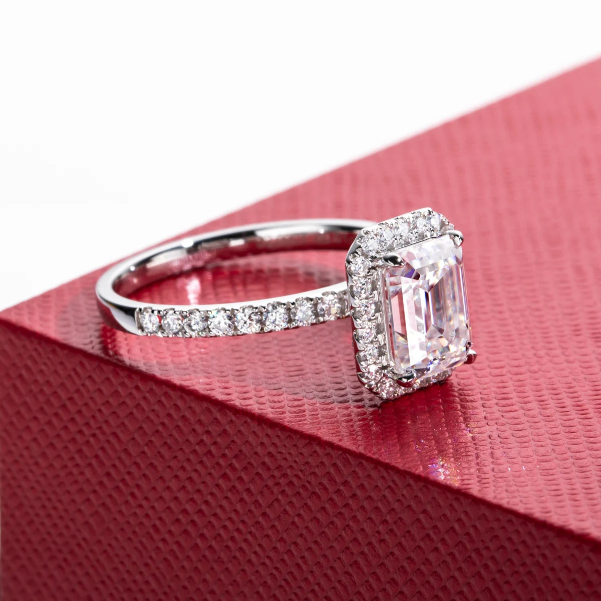2 CT Emerald Cut Moissanite Halo Engagement Ring