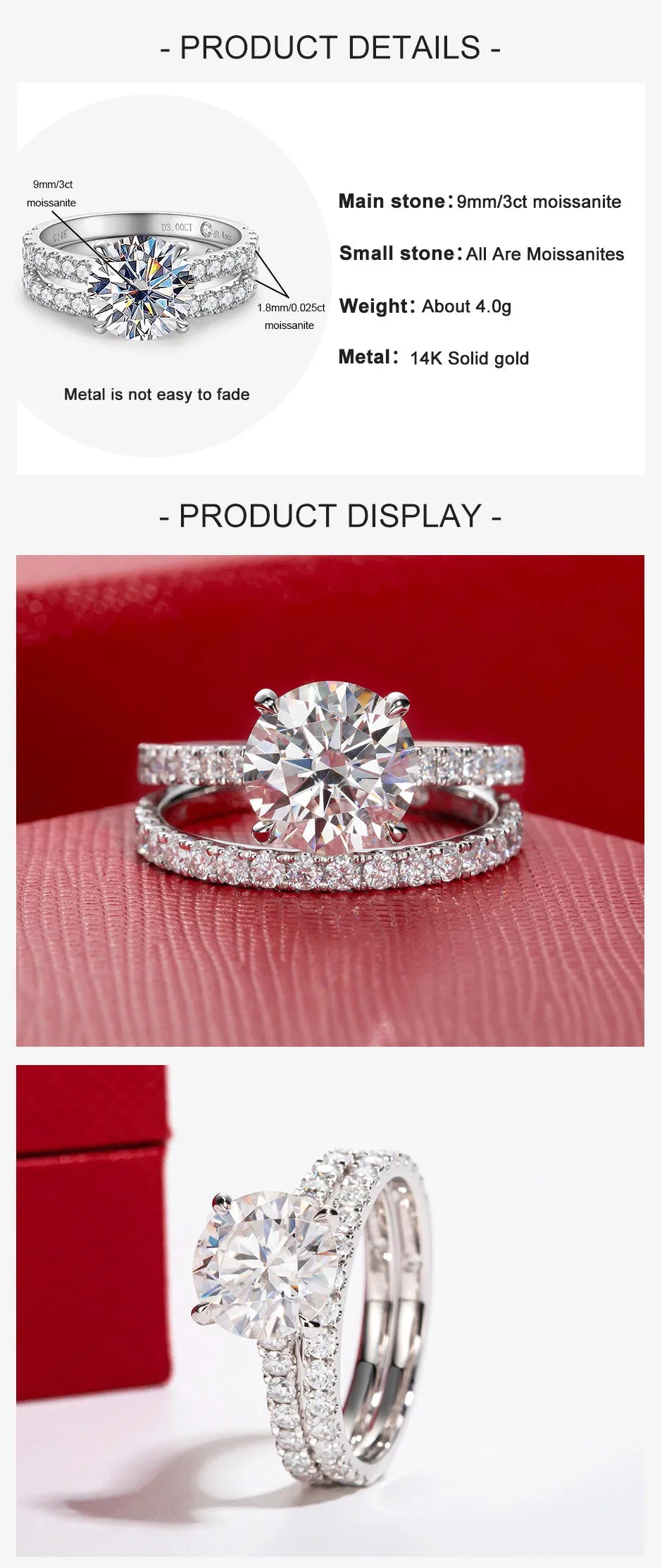 3 CT Round Cut Moissanite Bridal Engagement Ring Set