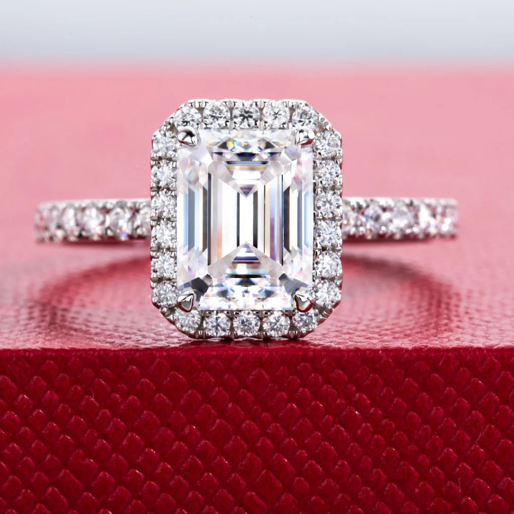2 CT Emerald Cut Moissanite Halo Engagement Ring
