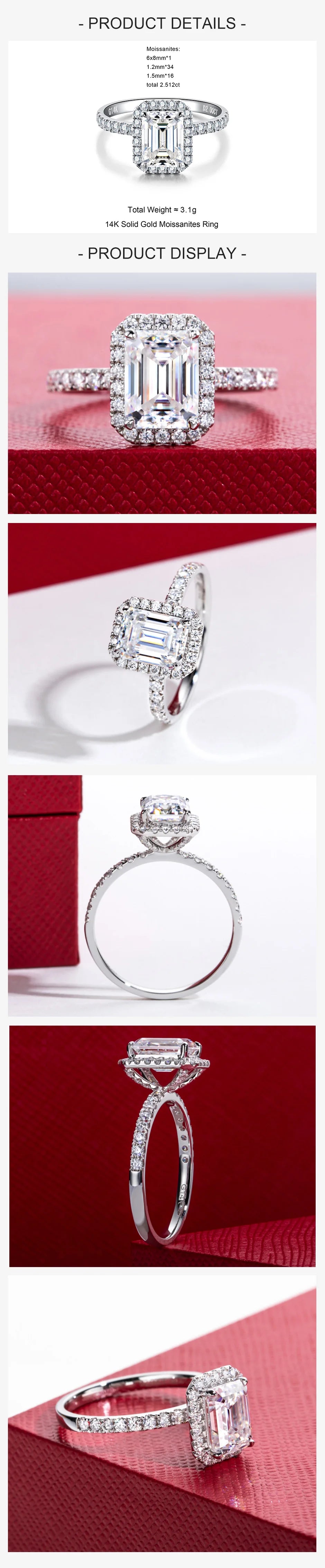 2 CT Emerald Cut Moissanite Halo Engagement Ring