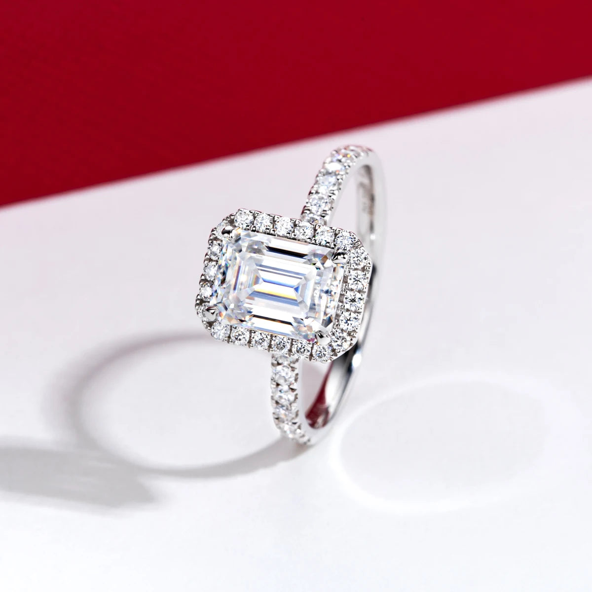 2 CT Emerald Cut Moissanite Halo Engagement Ring