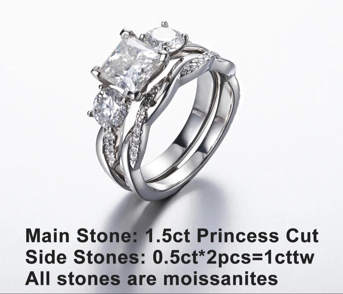 2.5 CTTW Princess Cut Three Stone Moissanite Engagement Ring