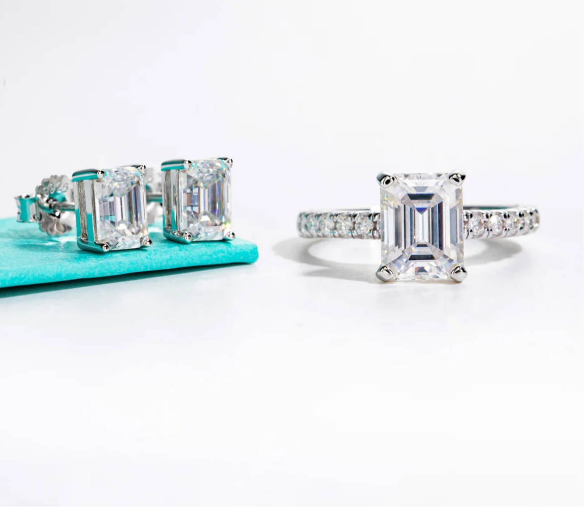 3CT Emerald Cut Moissanite Ring & 1CT Emerald Stud Earrings Set