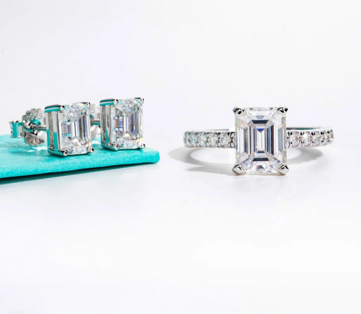 3CT Emerald Cut Moissanite Ring & 1CT Emerald Stud Earrings Set