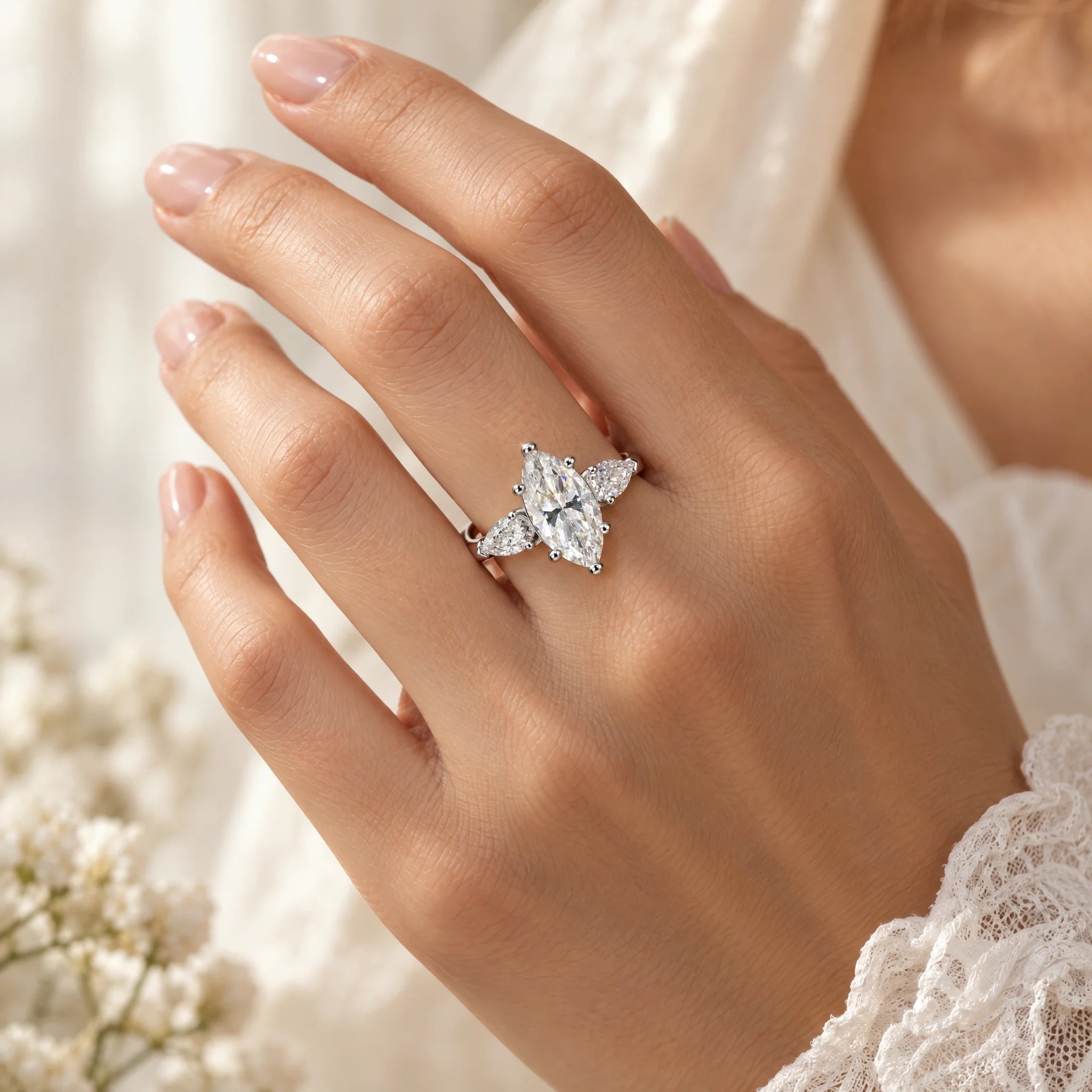 4 CTTW Marquise/Pear Cut Moissanite Engagement Ring