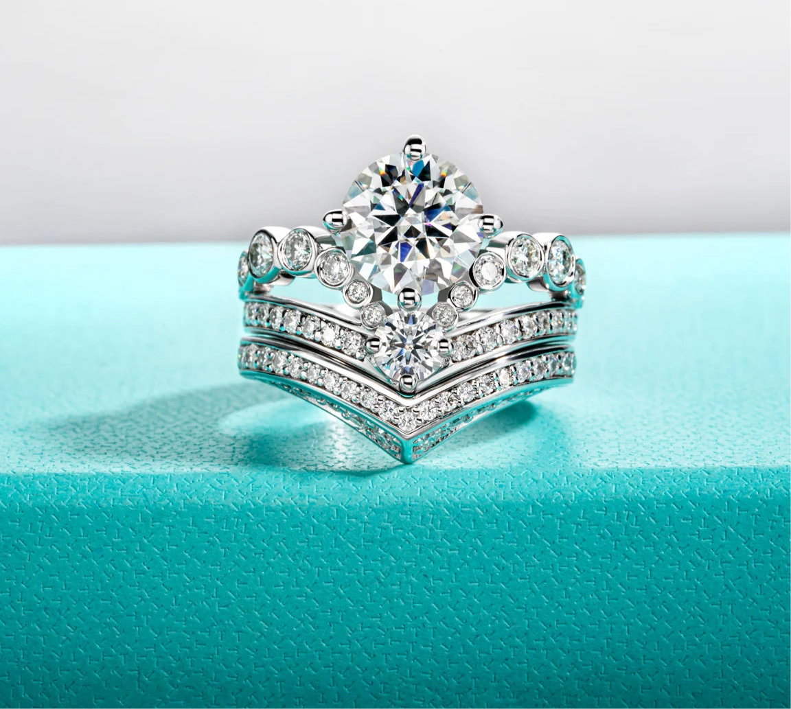 3CT Round Cut Crown Moissanite Engagement Ring Set