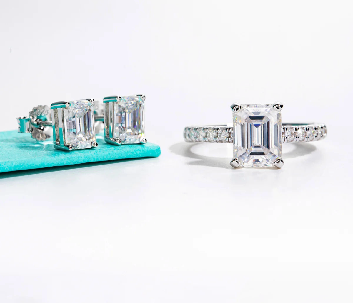 3CT Emerald Cut Moissanite Ring & 1CT Emerald Stud Earrings Set