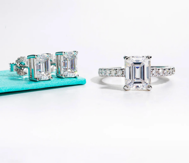 3CT Emerald Cut Moissanite Ring & 1CT Emerald Stud Earrings Set
