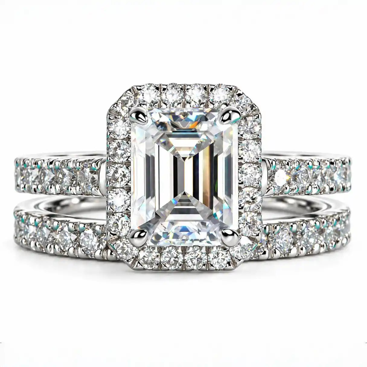 3 CT Emerald Cut Moissanite Halo Bridal Ring Set