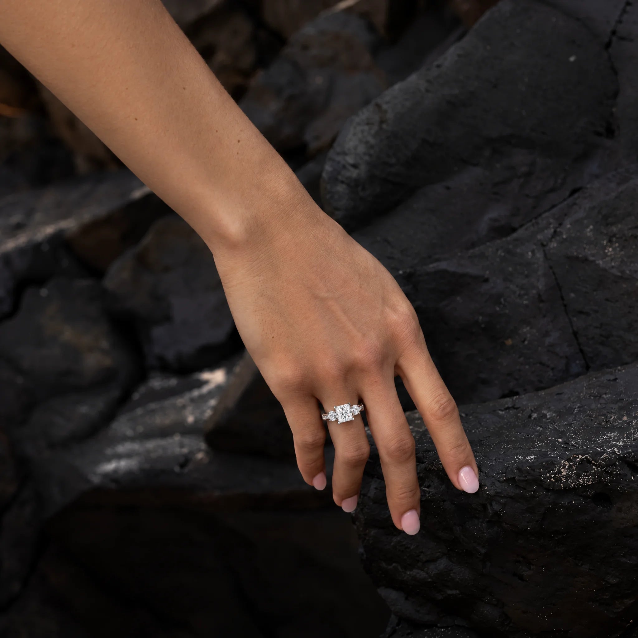 2.5 CTTW Princess Cut Three Stone Moissanite Engagement Ring