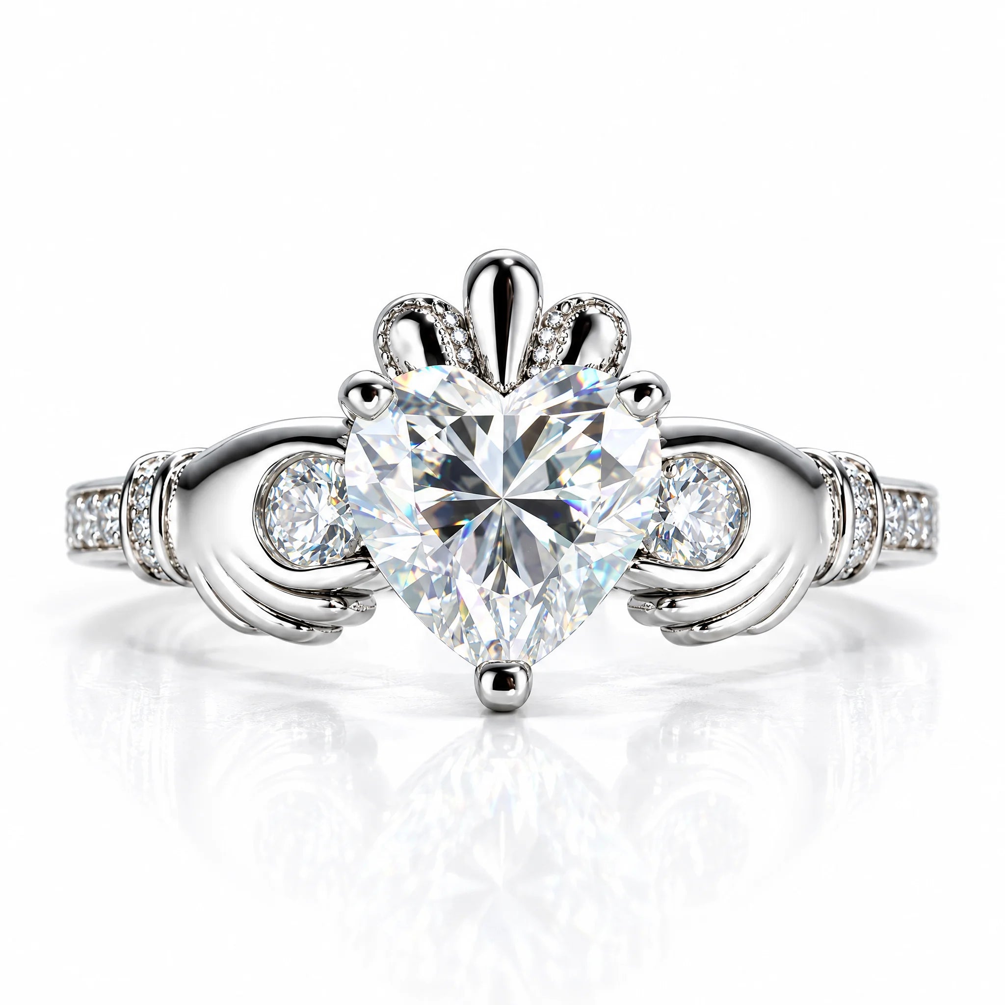 2 CT Heart Cut Moissanite Claddagh Irish Ring