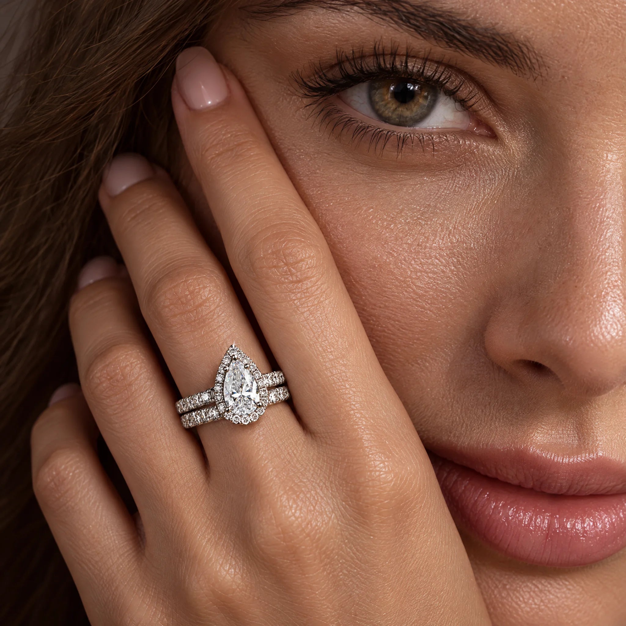 3CT Pear Cut Halo Moissanite Bridal Ring Set