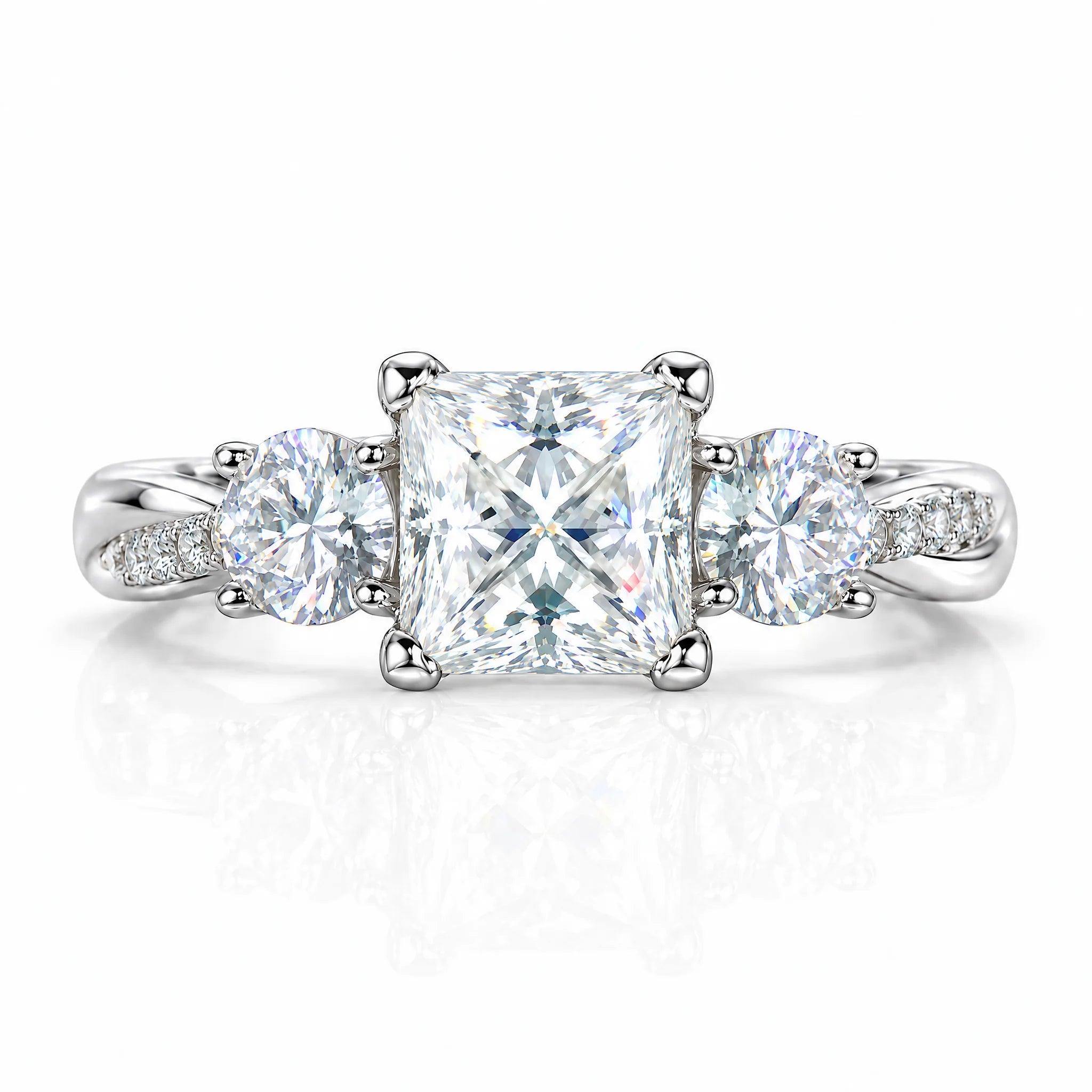 2.5 CTTW Princess Cut Three Stone Moissanite Engagement Ring