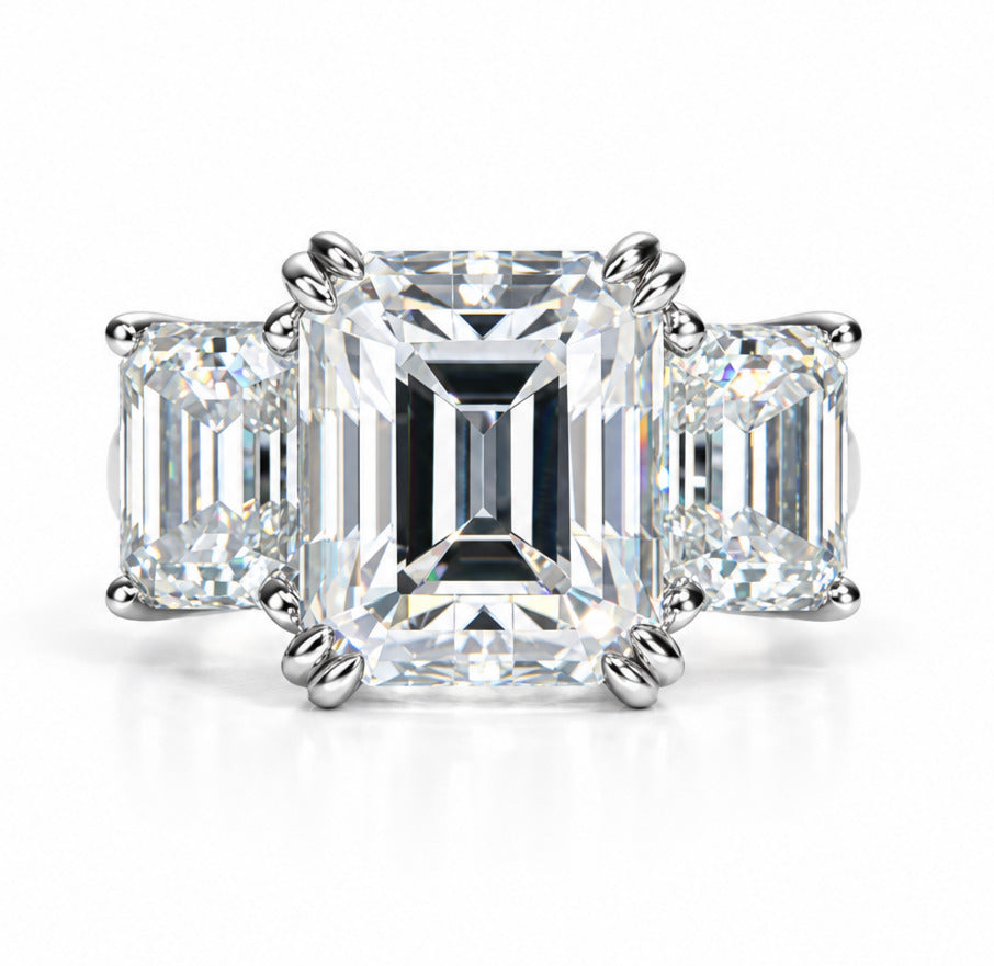 12 CTTW 3 Stone Emerald Cut Moissanite Engagement Ring