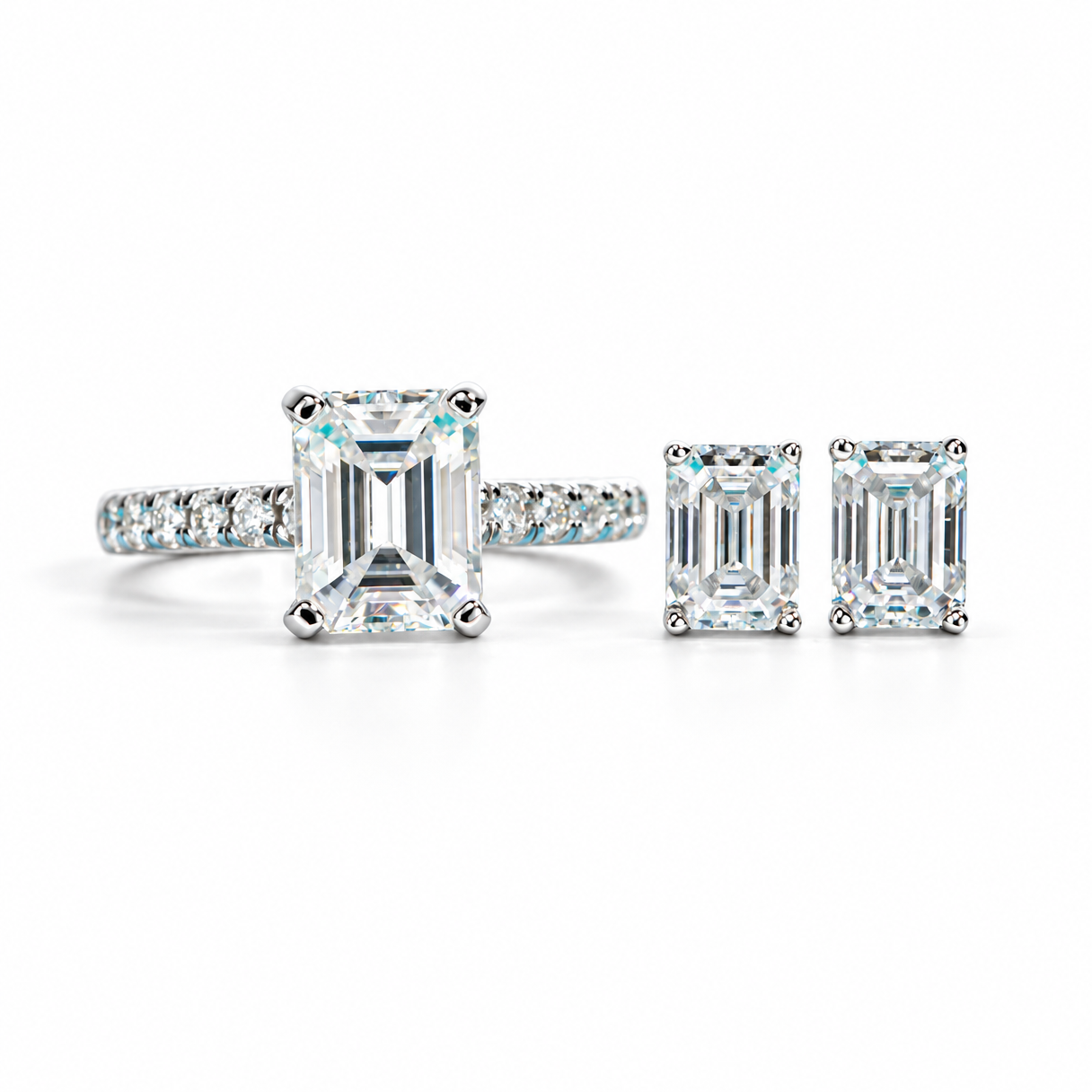3CT Emerald Cut Moissanite Ring & 1CT Emerald Stud Earrings Set