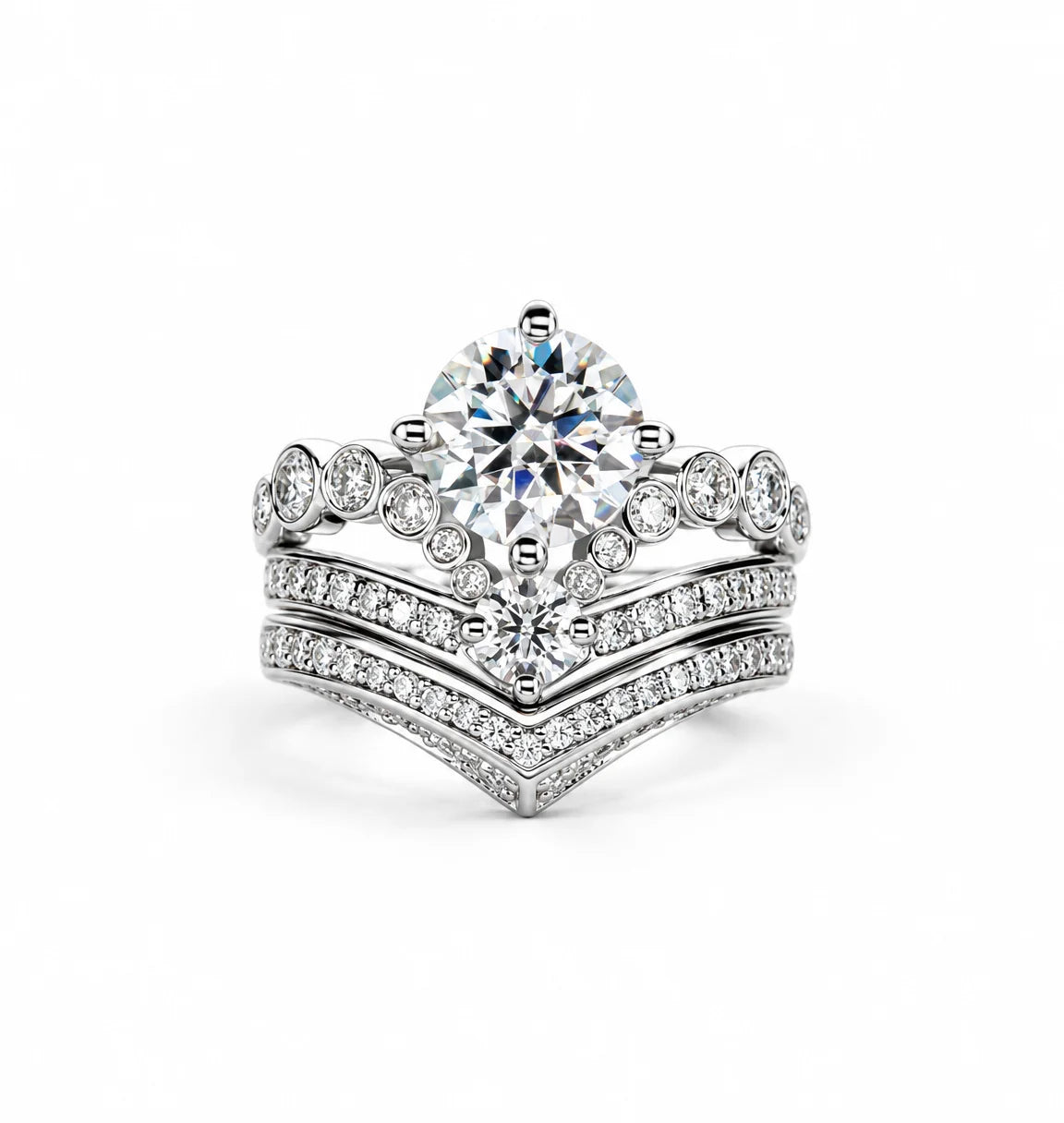 3CT Round Cut Crown Moissanite Engagement Ring Set