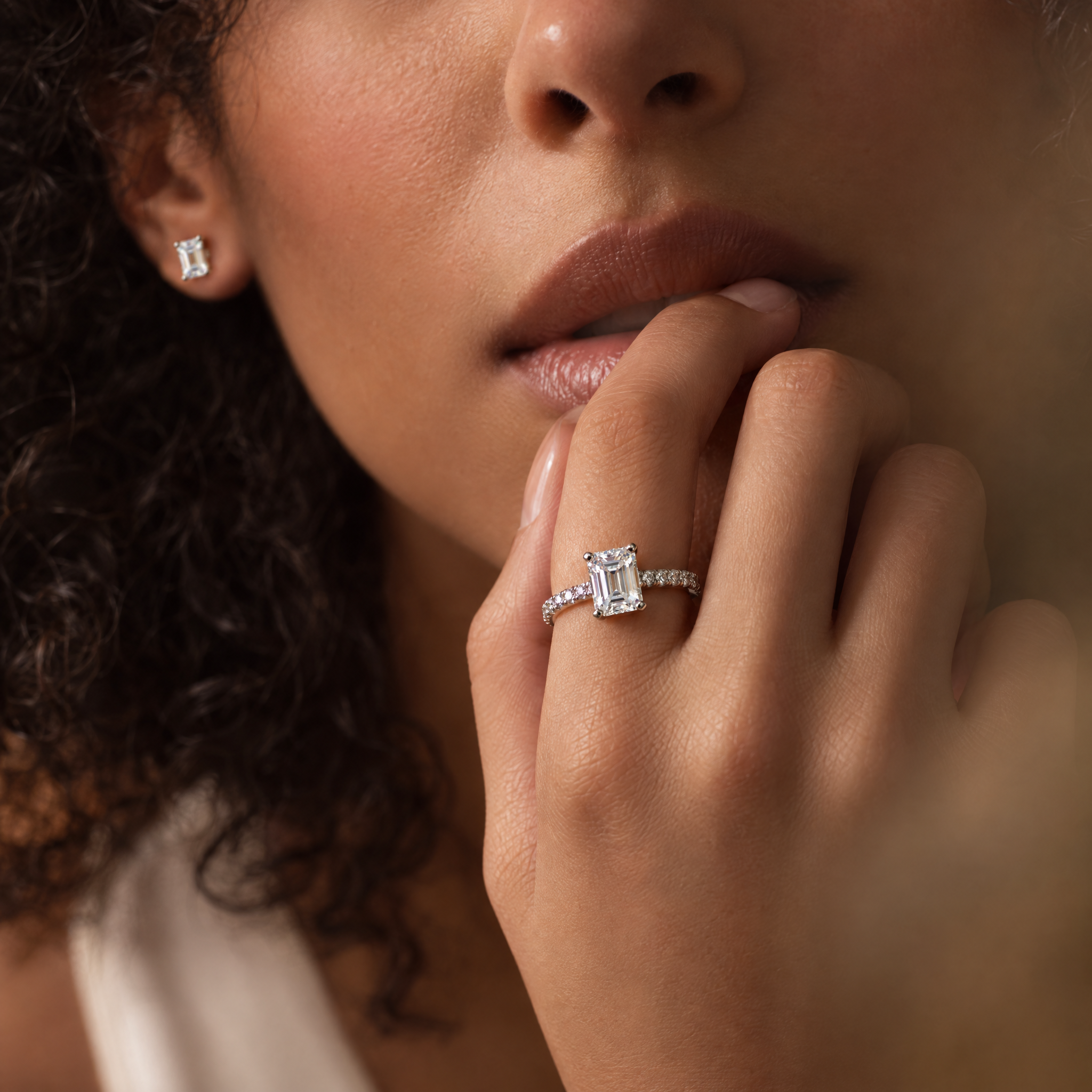 3CT Emerald Cut Moissanite Ring & 1CT Emerald Stud Earrings Set