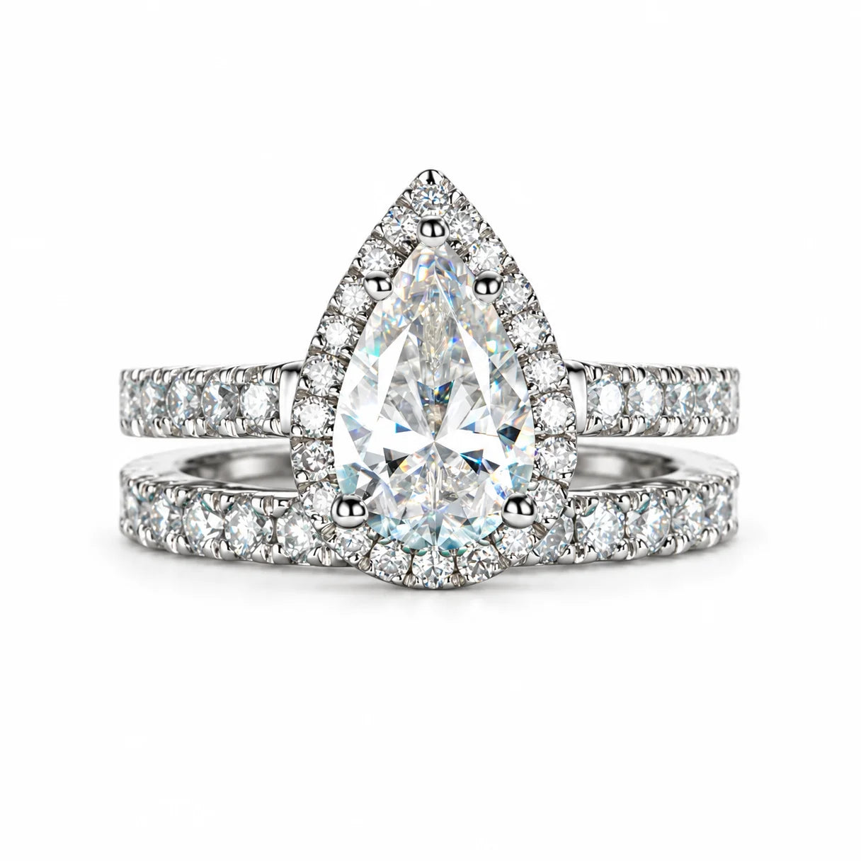 3CT Pear Cut Halo Moissanite Bridal Ring Set