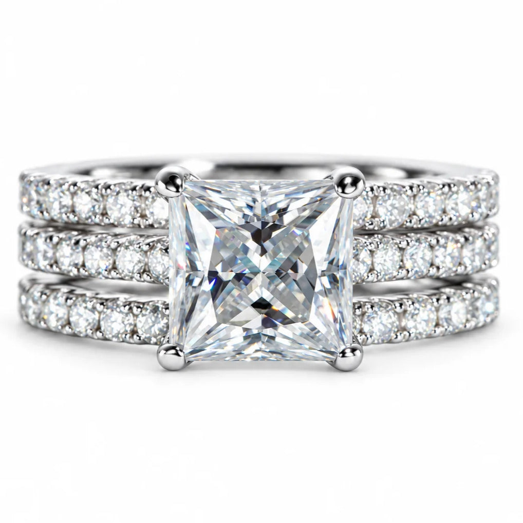 3CT Princess Cut D Color Moissanite Engagement Bridal Set