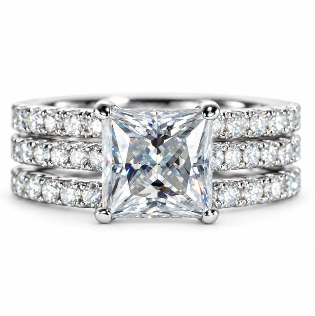 3CT Princess Cut D Color Moissanite Engagement Bridal Set