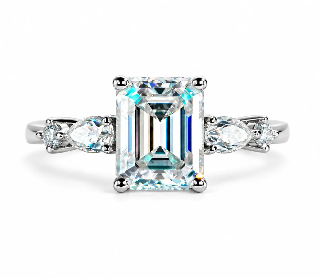 3CT Emerald Cut & 0.3CT Pear Cut Moissanite Engagement