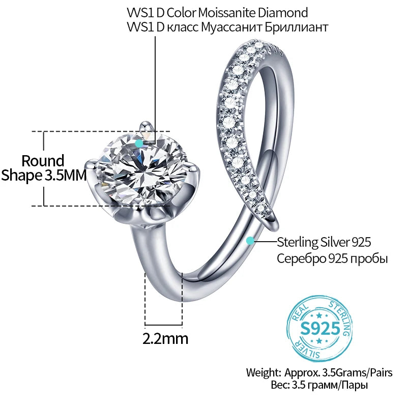 1CT VVS1 D Color Moissanite Adjustable Ring.