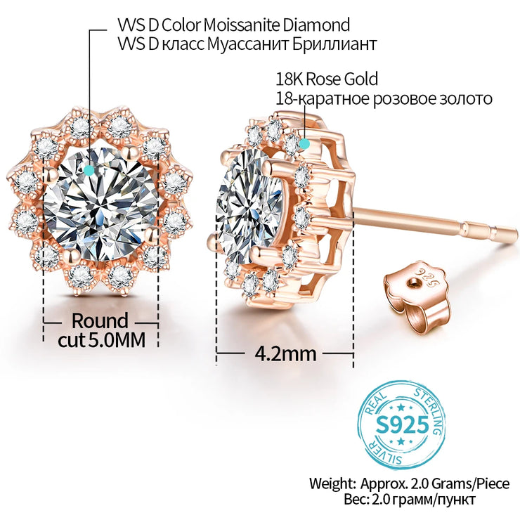 VVS1 D Color Round Cut Stud Earrings | S925 18K Rose Gold Plated.