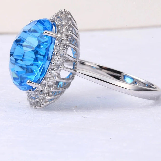 Natural Blue Topaz Real 18 White Gold Ring 12 Carats