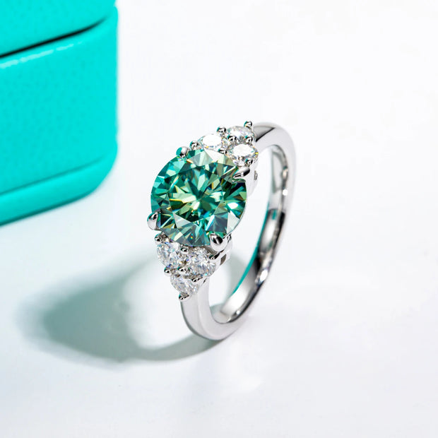 GK Moissanites 3ct Round Cut Blue Green Color Moissanite Engagement Ring