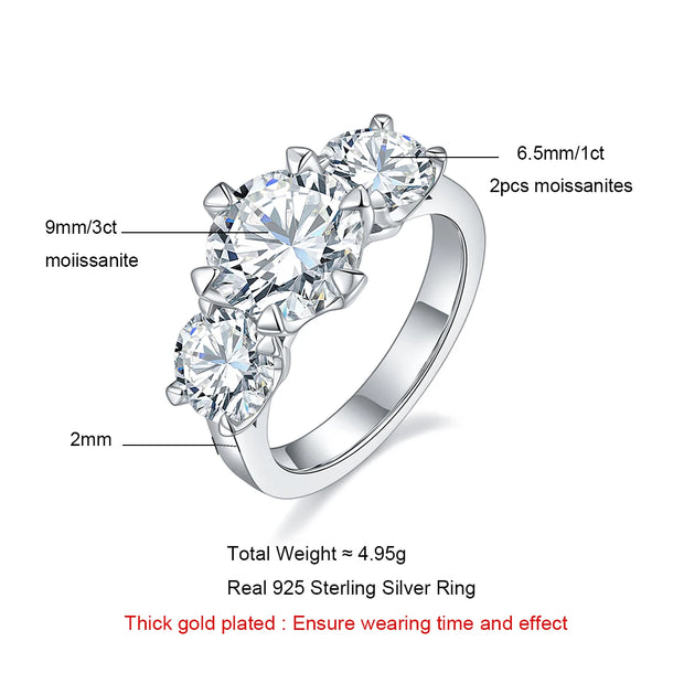 5CT D Color Moissanite Three Stone Engagement Ring.