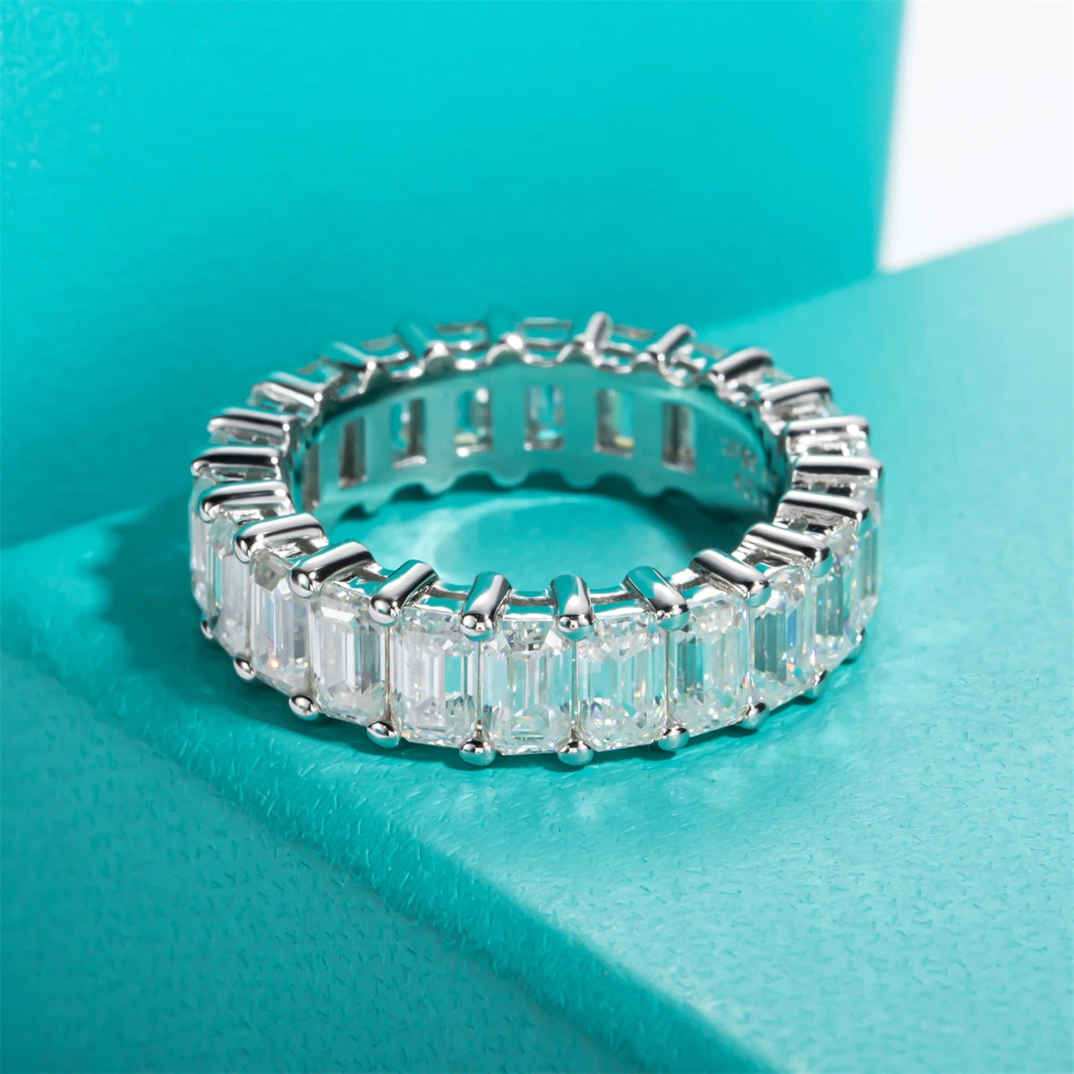 8.1 CTTW Emerald Cut Moissanite Eternity Ring
