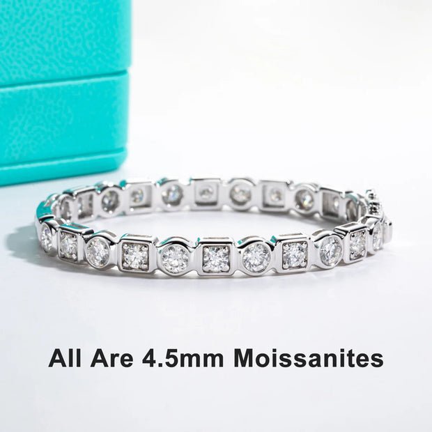 4.5mm D Color Moissanite Diamond Silver Bracelet – 18K White Gold Plated Bezel Bangle.