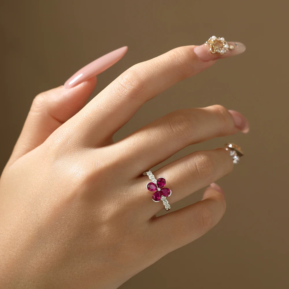 Teardrop Ruby Flower Moissanite Engagement Ring