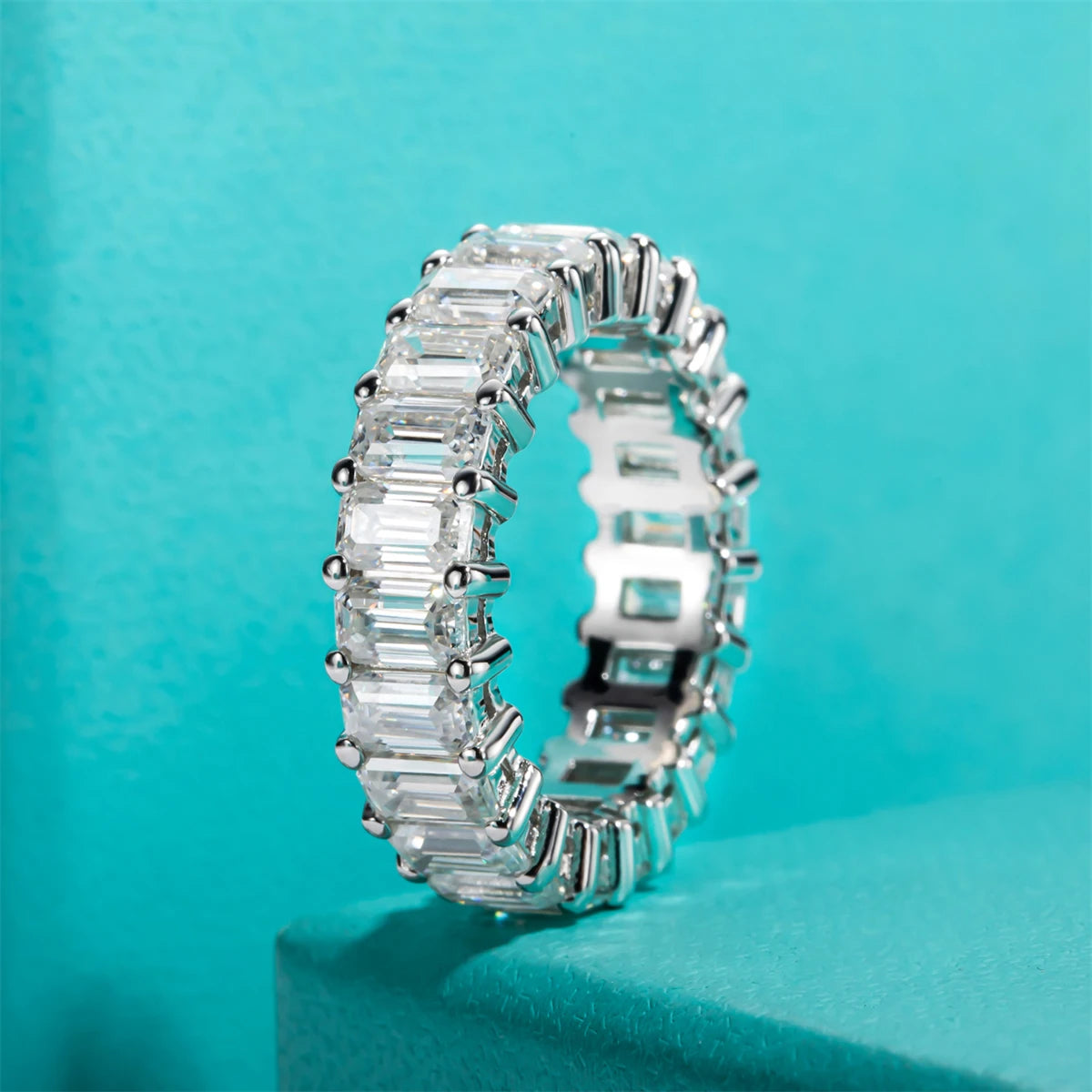 8.1 CTTW Emerald Cut Moissanite Eternity Ring