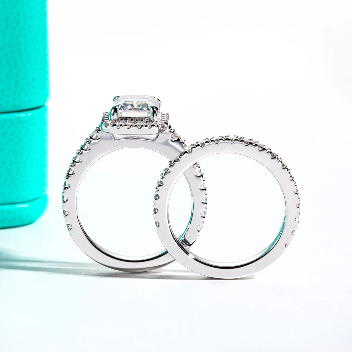 3CT Emerald Cut Moissanite Halo Bridal Ring Set