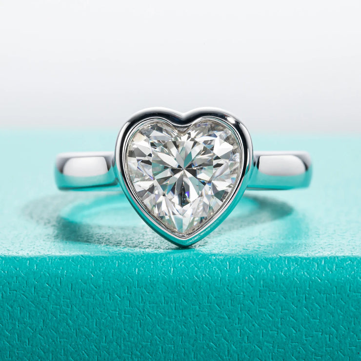 3CT Heart Cut D Color Moissanite Engagement Bezel Ring.