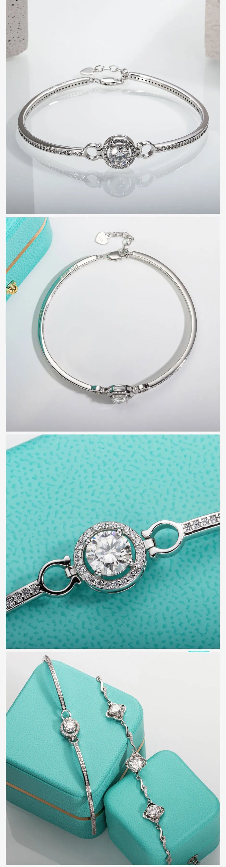 1ct D Color Moissanite Diamond Silver Bracelet – 18K White Gold Plated Adjustable Bangle.