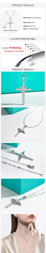 3mm D Color Moissanite Cross Heart Necklace.