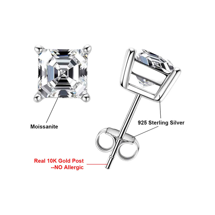 10K Gold Asscher Cut Moissanite Stud Earrings - 4ct/2ct/1ct.