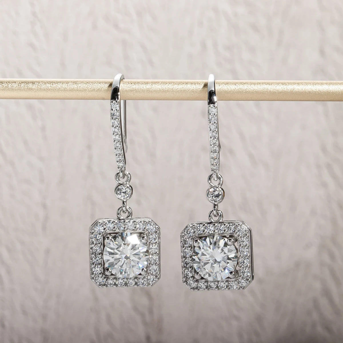 1 Carat Cushion Cut Moissanite Drop Earrings.