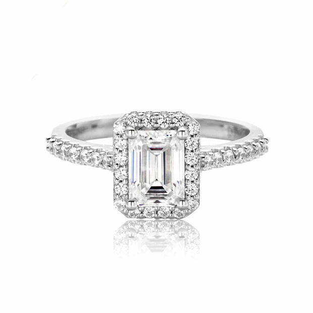 1 Carat Emerald Cut Moissanite Halo Engagement Wedding Ring.