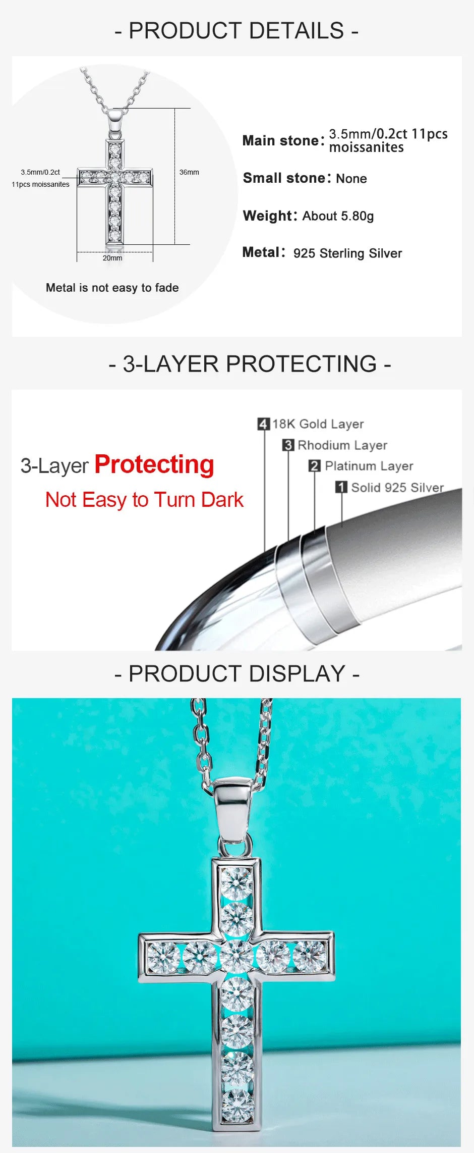 3.5MM 2.2cttw D Color Moissanite Diamond Cross Pendant Necklace.