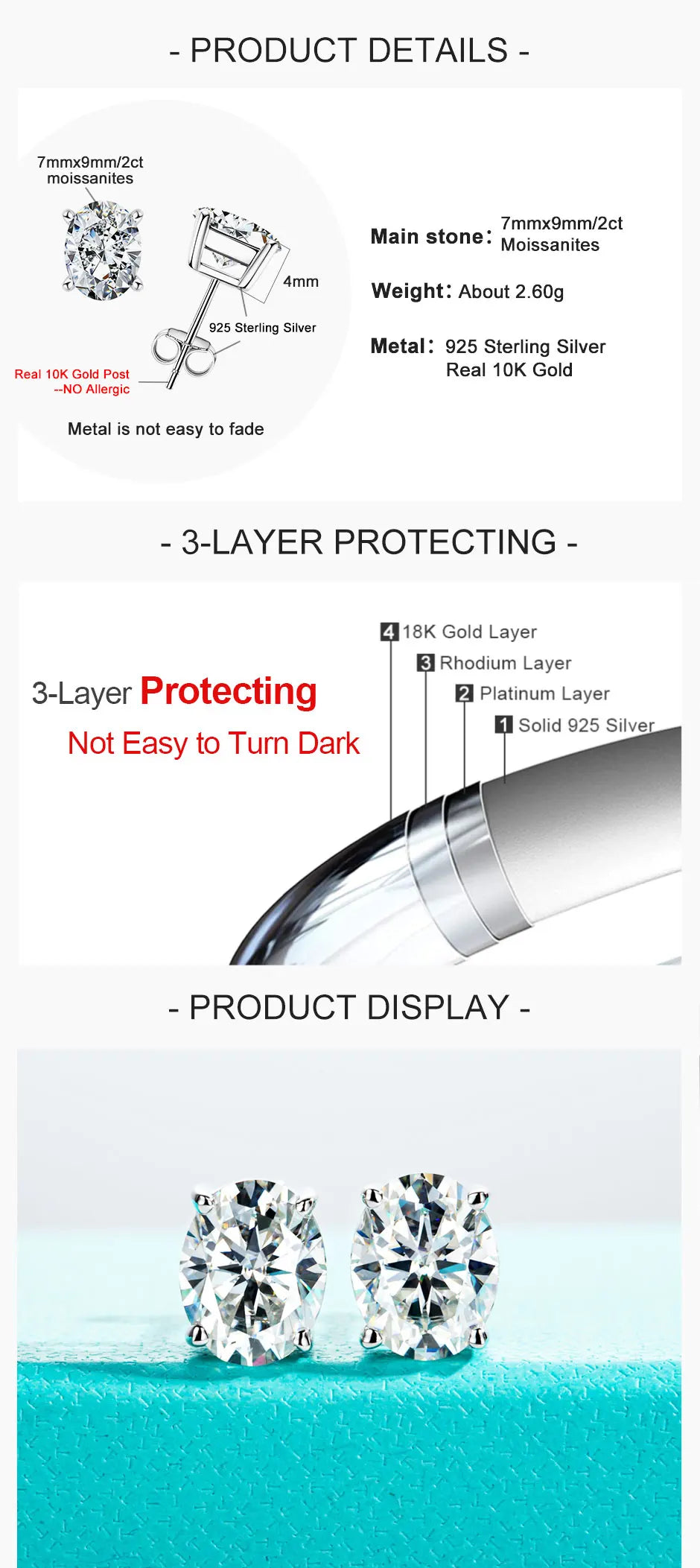 10K Gold Post Oval Cut Moissanite Stud Earrings.