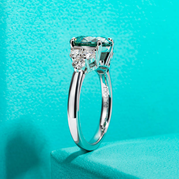 GK Moissanites 3ct Round Cut Blue Green Color Moissanite Engagement Ring