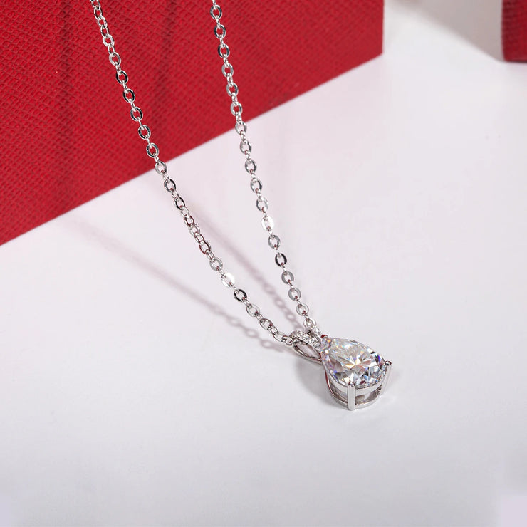 14K White Gold 2 Carat Pear Teardrop Cut D Color Moissanite Diamond Necklace.