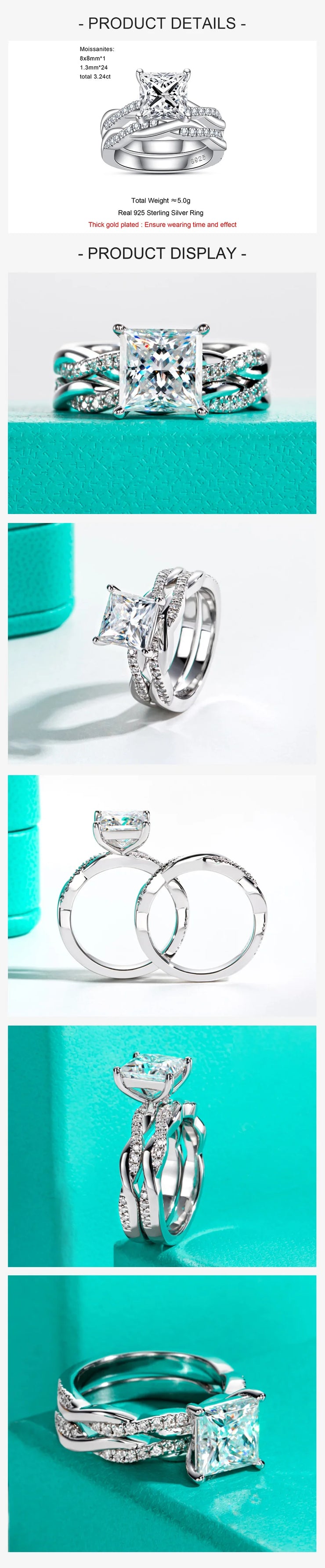 3CT Princess Cut Moissanite Engagement Bridal Ring Set