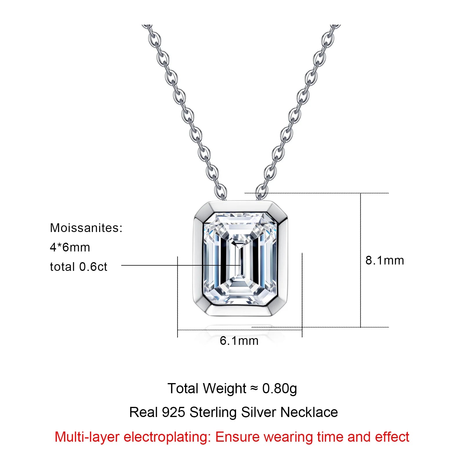 VVS1 Emerald Cut Moissanite Bezel Pendant Necklace