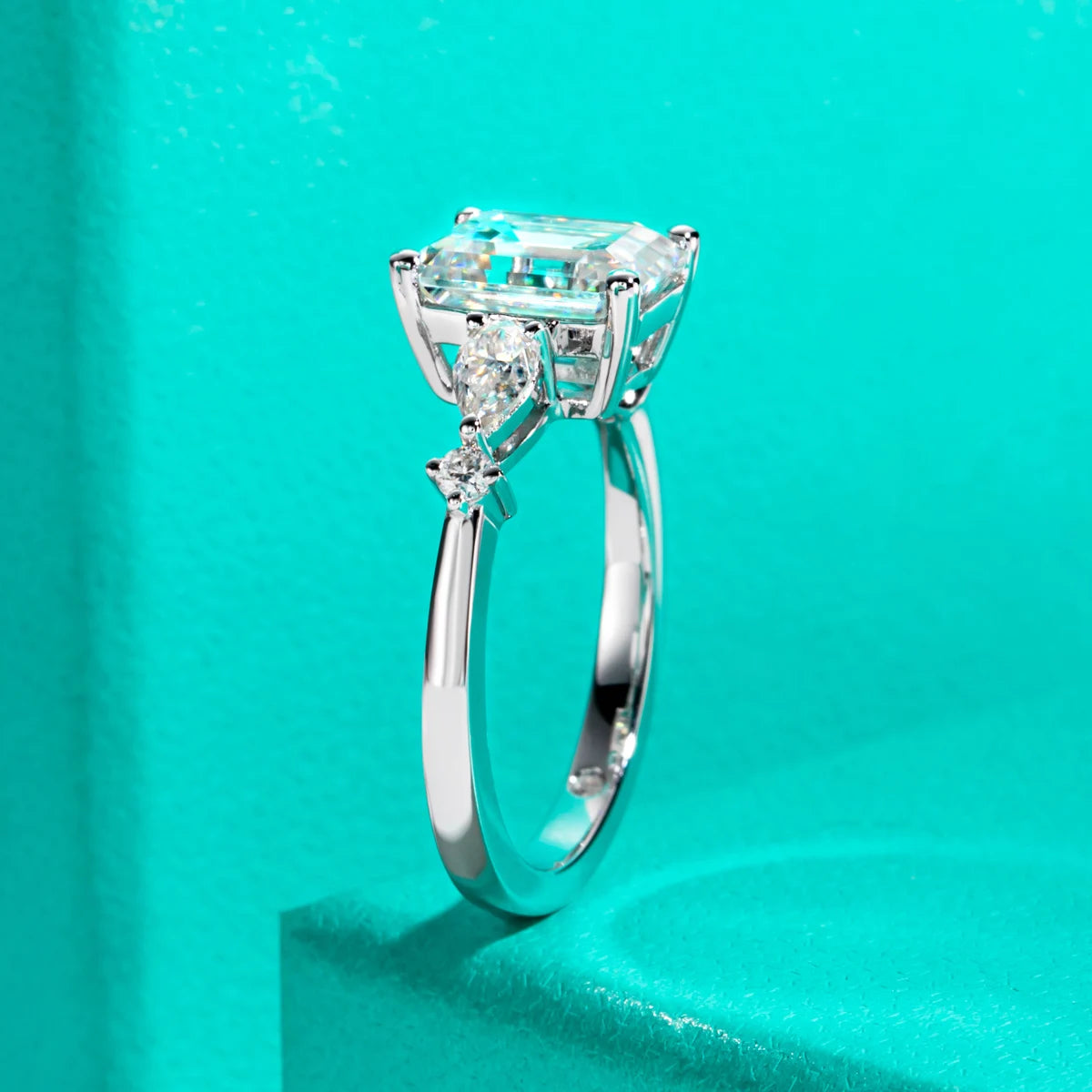 3CT Emerald Cut & 0.3CT Pear Cut Moissanite Engagement