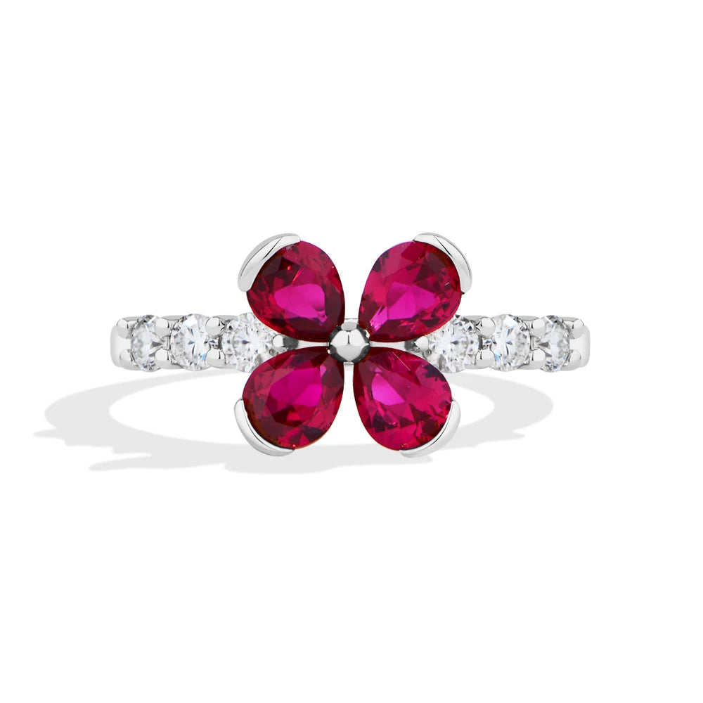 Teardrop Ruby Flower Moissanite Engagement Ring