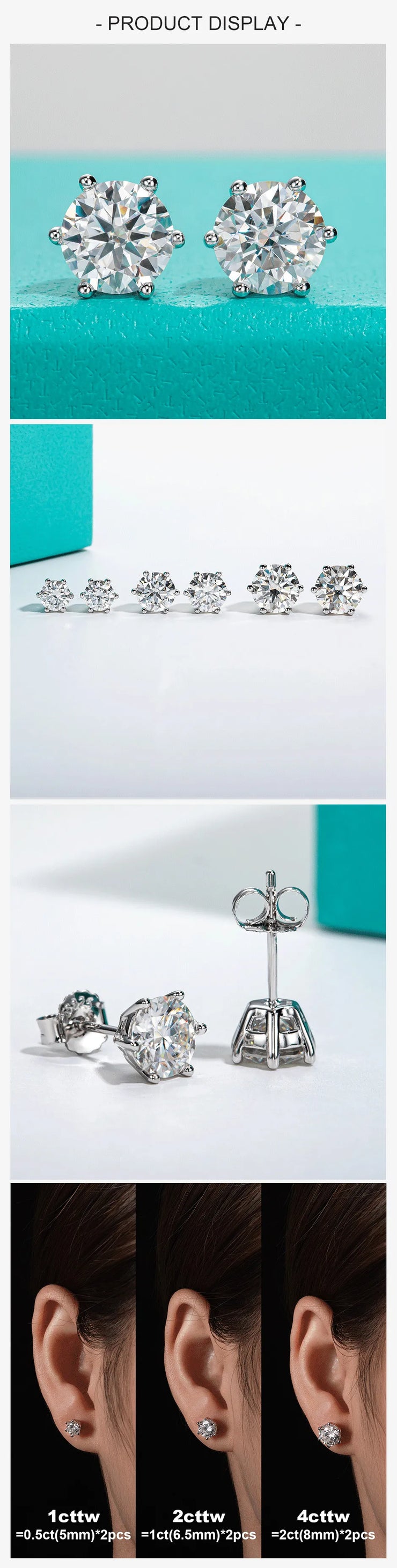 Total 4/2/1ct Moissanite Stud Earrings.